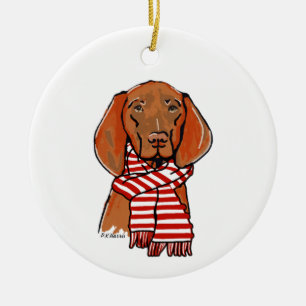 Adorno De Cerámica Vizsla con una bufanda roja y blanca
