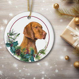 Adorno De Cerámica Vizsla Dog Evergreen Berry Wreath
