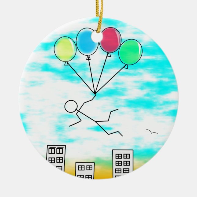 Adorno De Cerámica Volando Sobre La Ciudad Con Globos (Frente)
