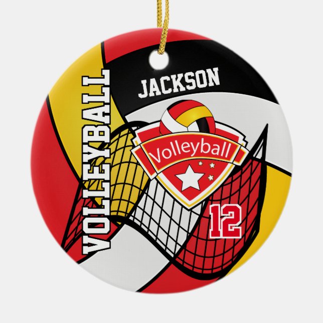Adorno De Cerámica Voleibol rojo, negro, blanco y oro (Frente)