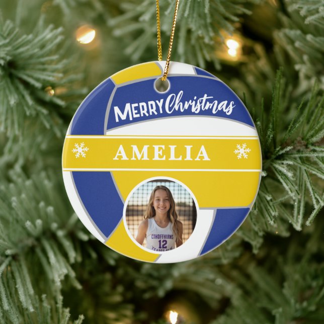 Adorno De Cerámica Volleyball Ball Custom Name Merry Christmas Photo (Árbol)