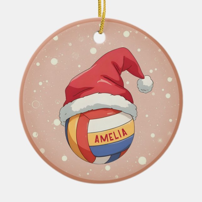 Adorno De Cerámica Volleyball Ball with Red Santa Hat Name Christmas (Frente)