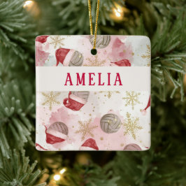 Adorno De Cerámica Volleyball Santa Hat Name Christmas  