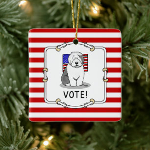 Adorno De Cerámica ¡Votar! El viejo perro pastor inglés Gray 1 Cuelme