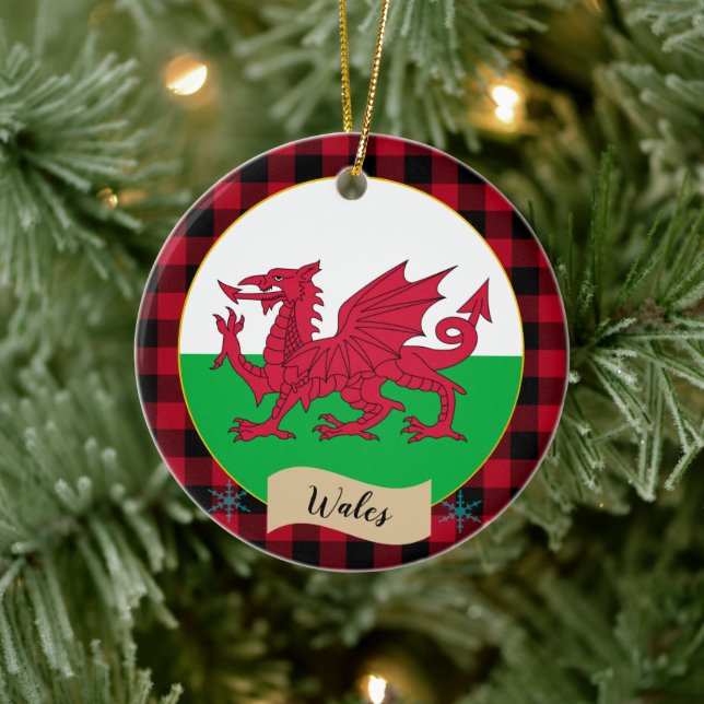 Adorno De Cerámica Wales, Red buffalo plaid & Welsh Flag (Árbol)