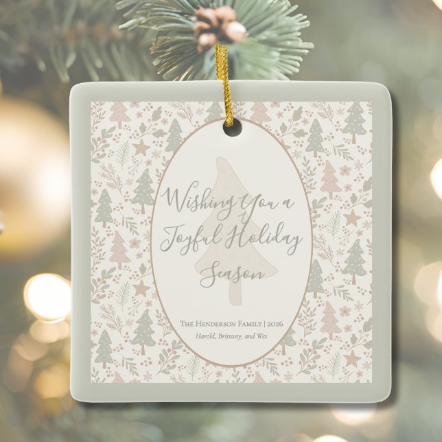 Adorno De Cerámica Warm Winter Wishes –Personalized Holiday Ornament (Soft Botanical Personalized Holiday Ornament)