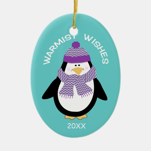 Adorno De Cerámica Warmist desea el pingüino del navidad en azul (Frente)