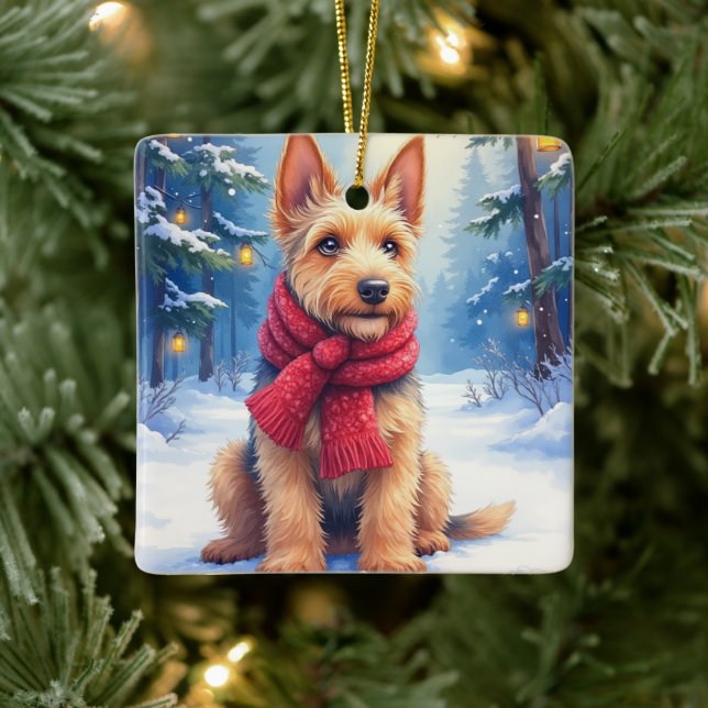 Adorno De Cerámica Watercolor Airedale Terrier Snowy Christmas (Árbol)