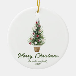 Adorno De Cerámica Watercolor Árbol Rojo Feliz Navidad