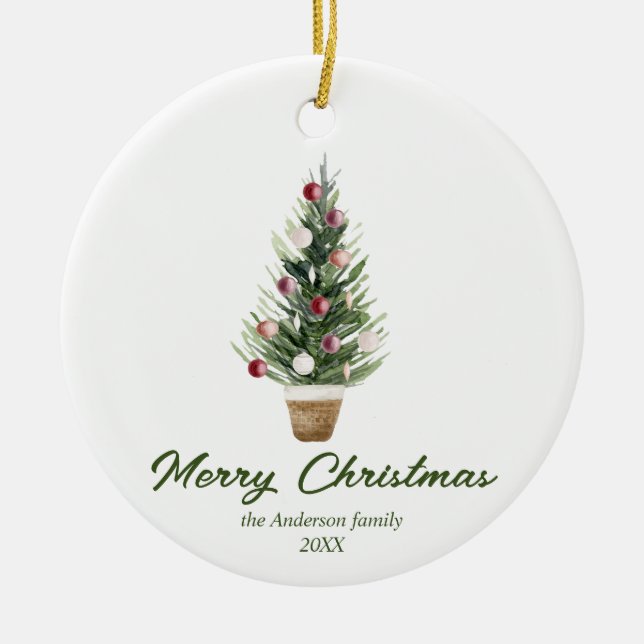 Adorno De Cerámica Watercolor Árbol Rojo Feliz Navidad (Frente)