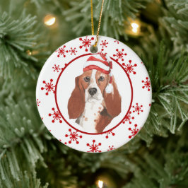 Adorno De Cerámica Watercolor Basset Hound Santa Hat Snowfling