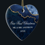 Adorno De Cerámica Watercolor Blue Marble Geode Boda Heart FOTO<br><div class="desc">Moderna y elegante acuarela azul y oro Agate de mármol Geode Nuestro primer ornamento Boda de Navidad - Forma de corazón,  foto de vuelta</div>