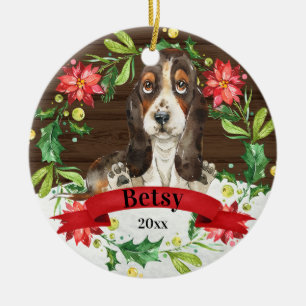 Adorno De Cerámica Watercolor Brown Basset Hound Cute Dote Navidades