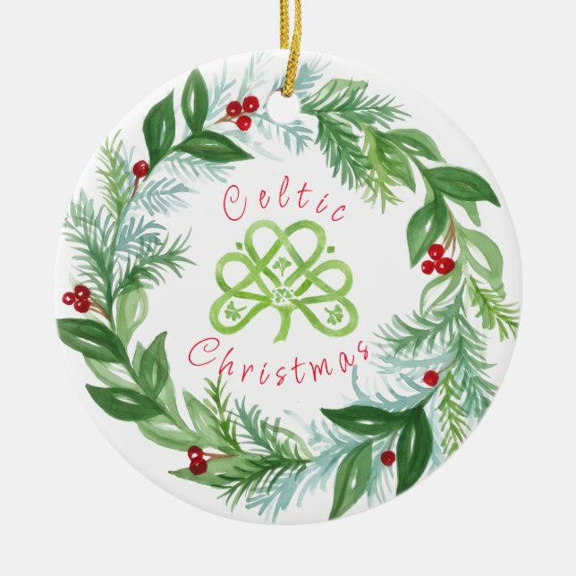 Adorno De Cerámica Watercolor Celtic Christmas Wreath PERSONALIZE  (Frente)