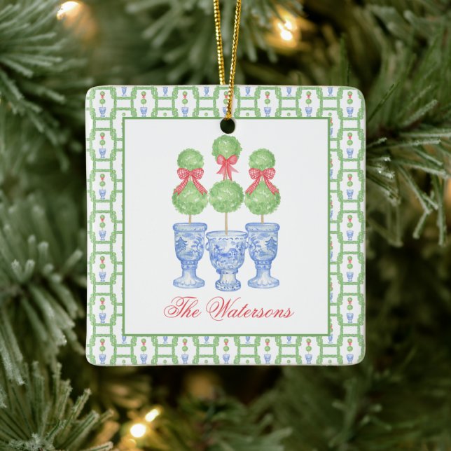 Adorno De Cerámica Watercolor Chinoiserie Navidades Bow Topiary (Árbol)