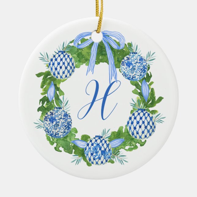 Adorno De Cerámica Watercolor Chinoiserie Navidades Wreath Monograma (Frente)