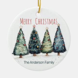 Adorno De Cerámica Watercolor Christmas Trees Ornament | Custom Name