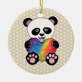 Adorno De Cerámica Watercolor Cute Panda Con Corazón Arcoiris
