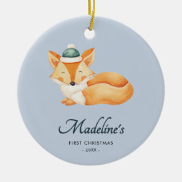 Adorno De Cerámica Watercolor Fox Blue Baby First Christmas