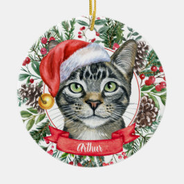 Adorno De Cerámica Watercolor Gray Tabby Cat Personalizado Santa Orna