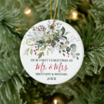 Adorno De Cerámica Watercolor Greenery Red Berries First Christmas<br><div class="desc">Modern Elegant Watercolor Greenery Couple Our First Christmas as Mr. and Mrs. Ornament includes beautiful watercolor botanical greenery,  eucalyptus leaves,  holly berries and other beautiful foliage. Red and Forest Green Script.</div>