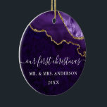 Adorno De Cerámica Watercolor Mármol Púrpura Geode Boda FOTO ATRÁS<br><div class="desc">Moderna y elegante color de agua morado y oro de la aglomeración de mármol geode nuestro primer ornamento Boda de Navidad - Foto de vuelta</div>