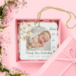 Adorno De Cerámica Watercolor Pink Florals Baby Stats Foto<br><div class="desc">estadísticas de recién nacido foto adorno de Navidad. El diseño incluye dos fotos, una en la parte delantera y otra en la parte trasera. Muestra la foto de tu recién nacido. La fecha de nacimiento se muestra a lo largo del costado y el nombre del bebé y su nacimiento aparece...</div>