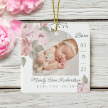 Adorno De Cerámica Watercolor Pink Peony Floral Baby Foto de Stat<br><div class="desc">estadísticas de recién nacido foto adorno de Navidad. El diseño incluye dos fotos, una en la parte delantera y otra en la parte trasera. Muestra la foto de tu recién nacido. La fecha de nacimiento se muestra a lo largo del costado y el nombre del bebé y su nacimiento aparece...</div>