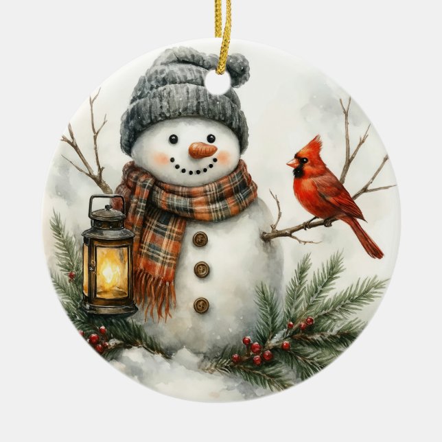 Adorno De Cerámica Watercolor Snowman – Lantern & Cardinal (Frente)