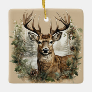 Adorno De Cerámica Watercolor Vintage Christmas Deer Design