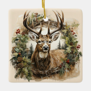Adorno De Cerámica Watercolor Vintage Christmas Deer Design