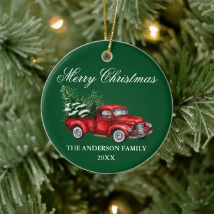 Adorno De Cerámica Watercolor Vintage Red Truck Green Navidades