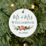 Adorno De Cerámica Watercolor Winter Floral FOTO BACK Mr. y Mrs.<br><div class="desc">Elegante acuarela invierno Boda floral foto Sr. y Sra. Nuevo ornamento navideño - Texto verde</div>