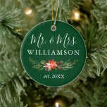 Adorno De Cerámica Watercolor Winter Floral Green FOTO BACK<br><div class="desc">Elegante acuarela invierno Boda floral foto Sr. y Sra. Nuevo ornamento navideño</div>