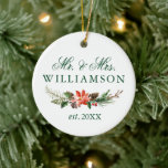Adorno De Cerámica Watercolor Winter Floral Mr. y Mrs. PHOTO BACK<br><div class="desc">Elegante acuarela invierno Boda floral foto Sr. y Sra. Nuevo ornamento navideño - Texto verde</div>