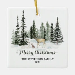 Adorno De Cerámica Watercolor Woodland Merry Christmas Photo