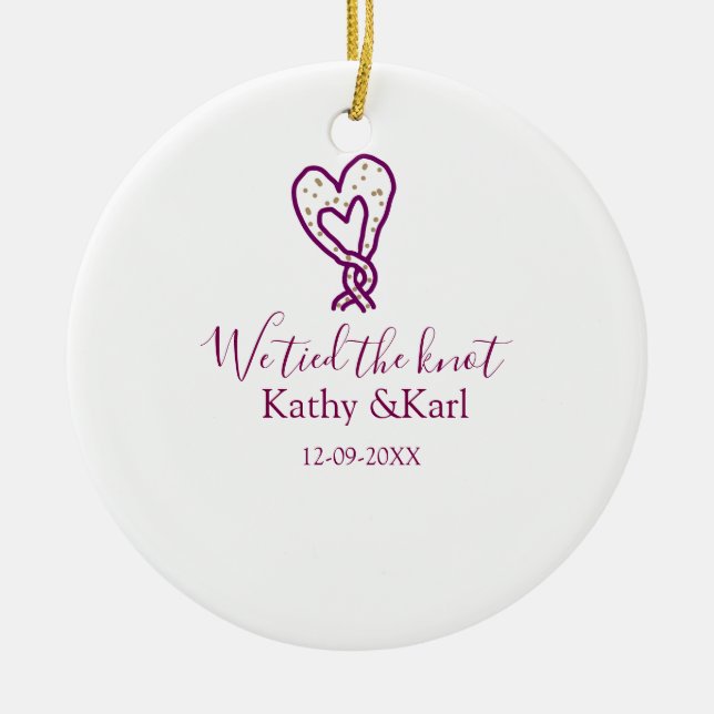Adorno De Cerámica We tied the knot pink heart knots name date romant (Frente)