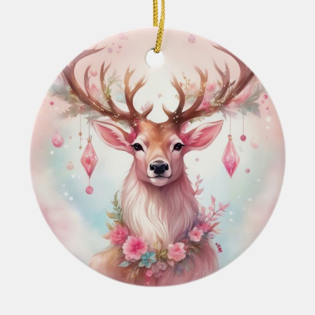 Adorno De Cerámica Weihnachten in pink: Rentier mit rosa Weihnachtssc (Frente)