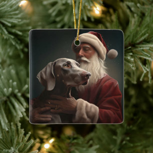 Adorno De Cerámica Weimaraner con Santa Claus Navideño Festivo