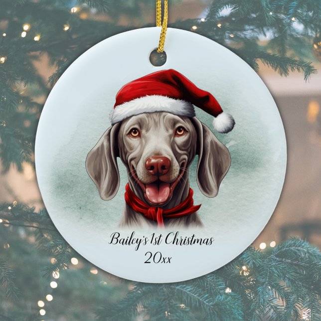 Adorno De Cerámica Weimaraner Dog Personalizado Primera Navidad (Add Dog's Name and Year, or add other text, or delete text if not required.  Happy Pawlidays!)