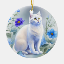 Adorno De Cerámica Weiße Katze mit blauen Blumen, Aquarell-Malerei