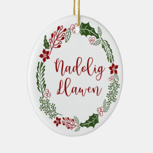 Adorno De Cerámica Welsh Merry Christmas Wreath, Nadolig Llawen