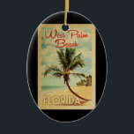 Adorno De Cerámica West Palm Beach Palm Tree Vintage Travel<br><div class="desc">Un diseño de arte de West Palm Beach Florida,  retro y exclusivo,  de estilo poster de viajes vintage. Cuenta con una palmera curvada en una playa de arena con el océano bajo un cielo azul turbio.</div>