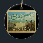 Adorno De Cerámica Westerly Beach Vintage Travel<br><div class="desc">El diseño de esta postal antigua de Greetings From Westerly presenta una playa de arena con un hermoso agua turquesa del océano y sobre el mar,  un cielo azul con nubes blancas onduladas. En estilo de viajes vintage.</div>