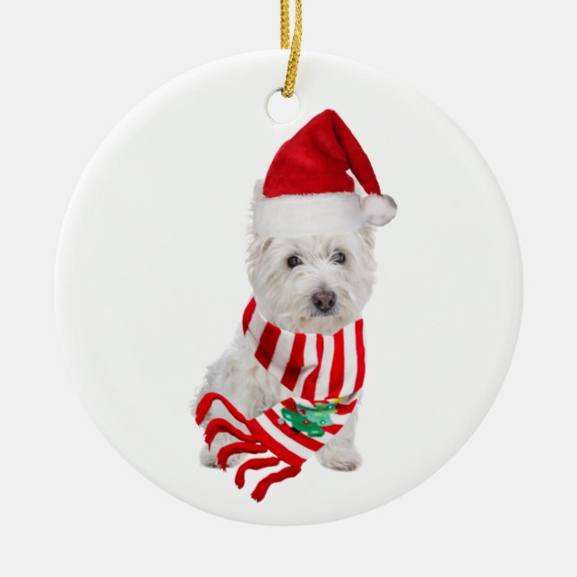 Adorno De Cerámica Westie Con Navidades De Gorra Scaft (Frente)