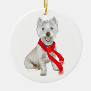 Adorno De Cerámica Westie de invierno con bufanda roja