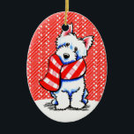 Adorno De Cerámica Westie Happy Plaid Scarf Winter<br><div class="desc">Arte con temática de invierno occidental que hace regalos,  saludos y decoración únicos para las vacaciones. Arte y diseño de Andie/Off-Leash Art™. Parte de su colección de perros y gatos en escarvas y Gorras.</div>