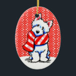Adorno De Cerámica Westie Happy Plaid Scarf Winter<br><div class="desc">Arte con temática de invierno occidental que hace regalos,  saludos y decoración únicos para las vacaciones. Arte y diseño de Andie/Off-Leash Art™. Parte de su colección de perros y gatos en escarvas y Gorras.</div>