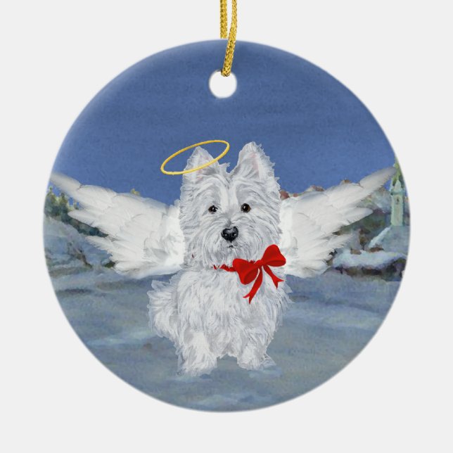 Adorno De Cerámica Westie Navidades Angel (Frente)