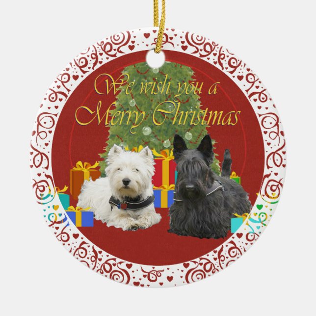 Adorno De Cerámica Westie & Scottie Feliz Navidad (Frente)